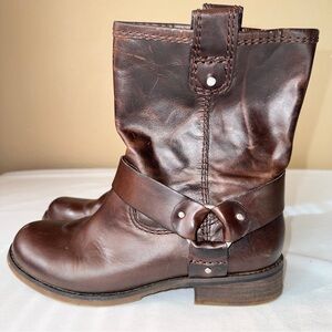 Gianni Bini Dark Brown Leather Mid calf Harness Strap Biker Boots Women’s 7.5